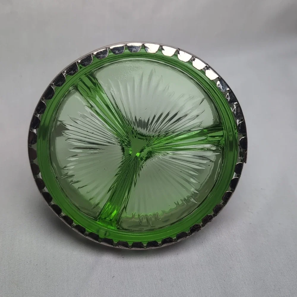 VTG Depression Glass Green Uranium Divided Condiment Dish W/Metal Basket